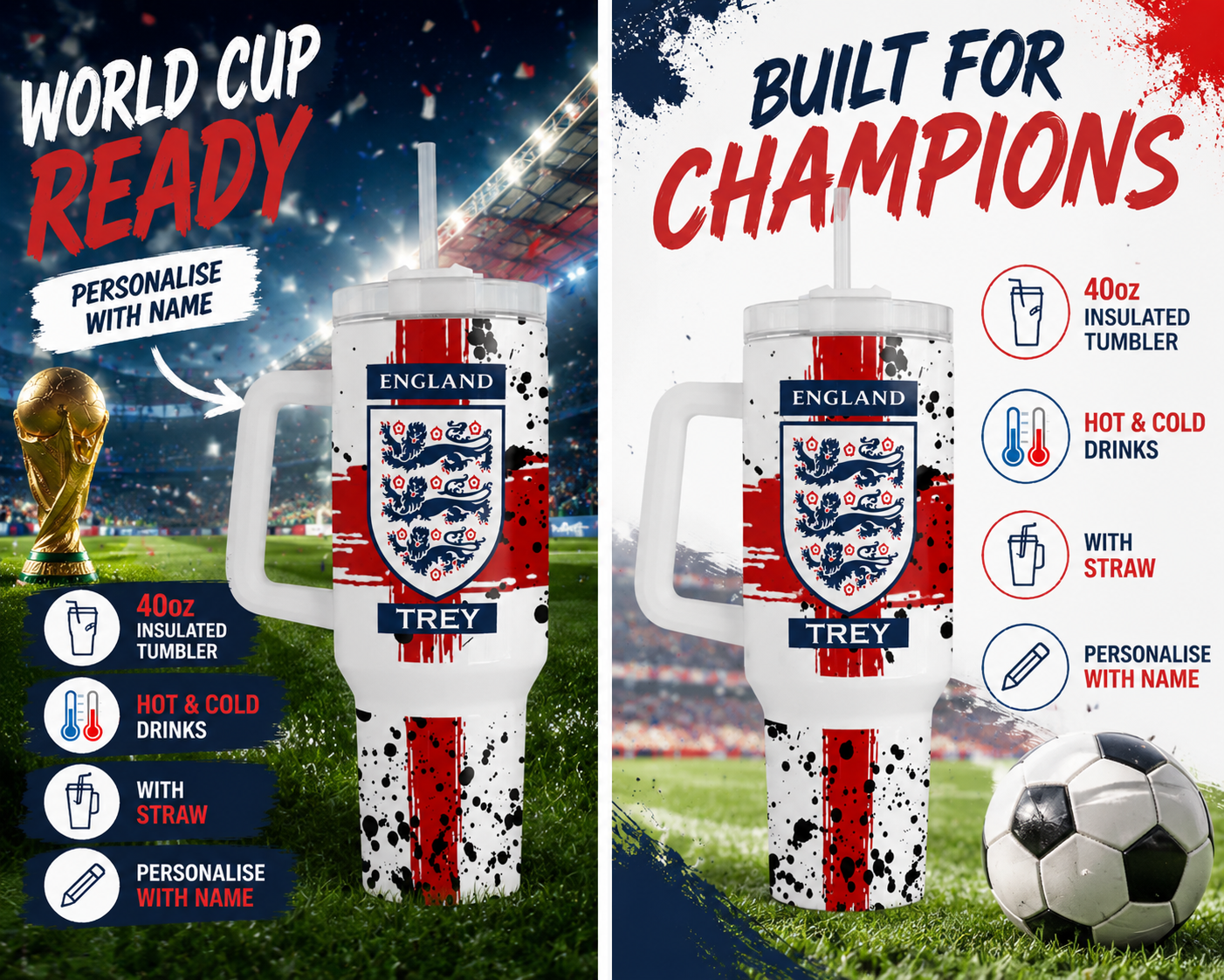 Personalised Three Lions England 40oz Tumbler with Handle and Straw Lions World Cup Euro Add name