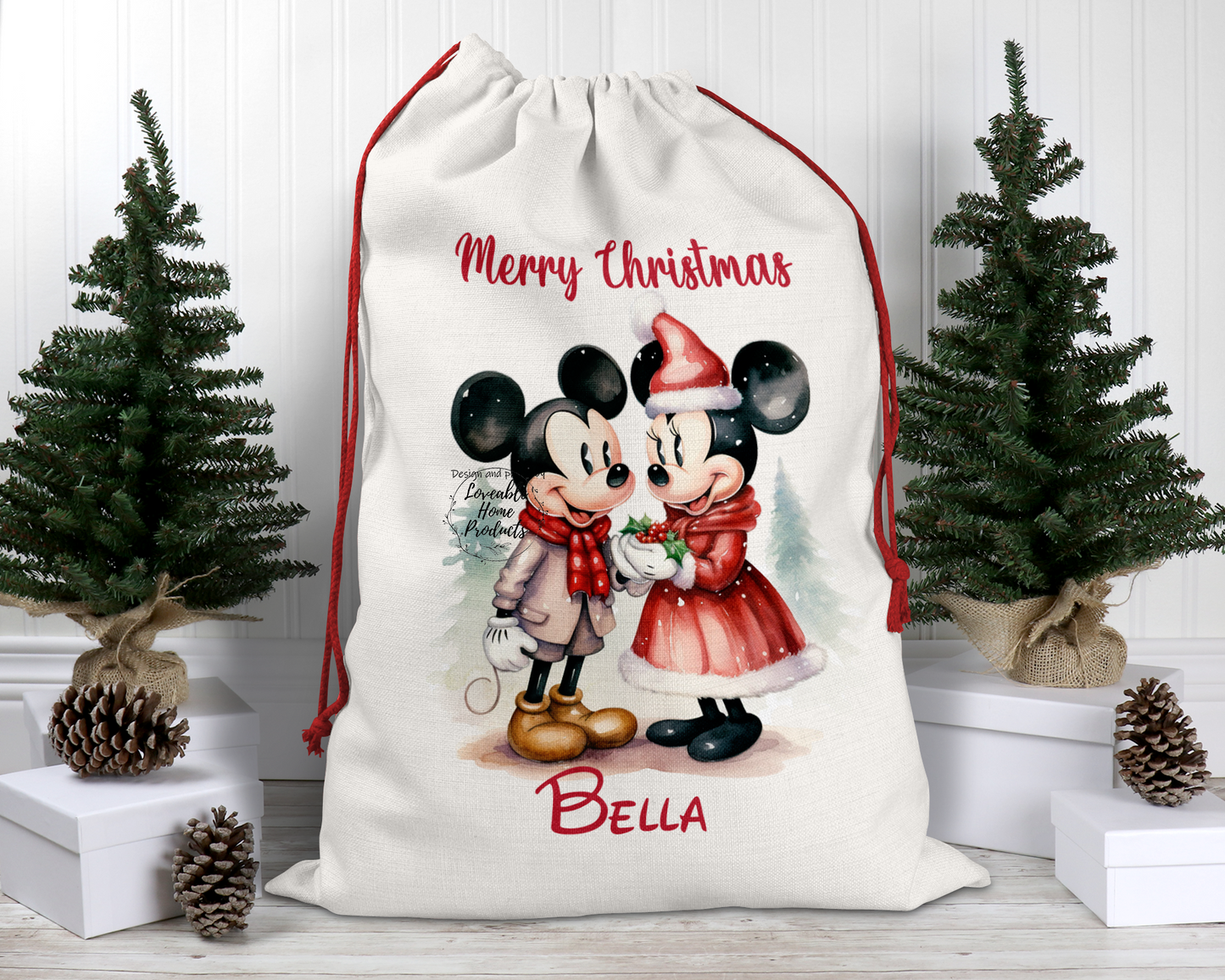 Personalised Minnie + Mickey Couple Linen Drawstring Sack Perfect Present Sack