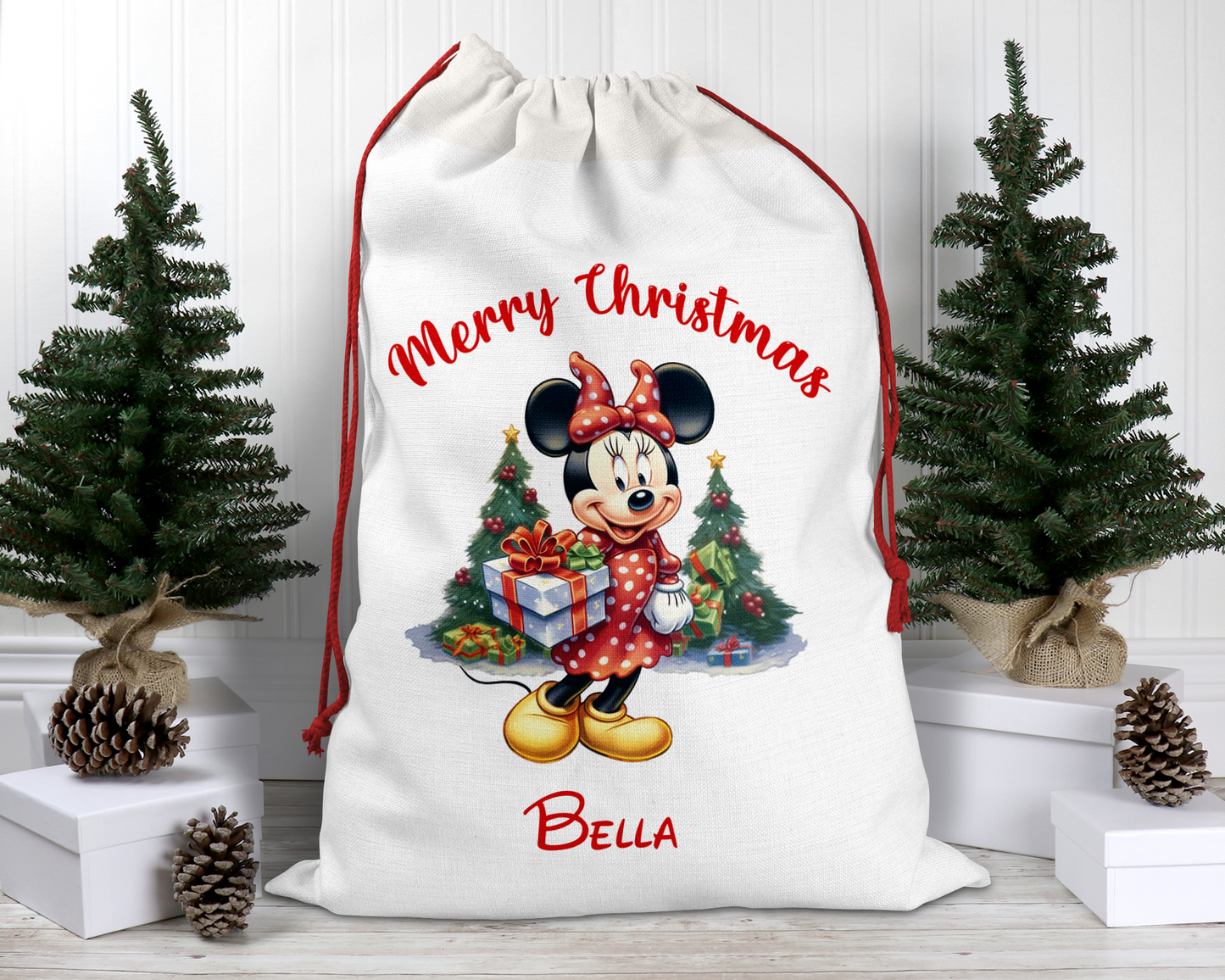 Personalised Minnie Linen Drawstring Sack Perfect Present Sack