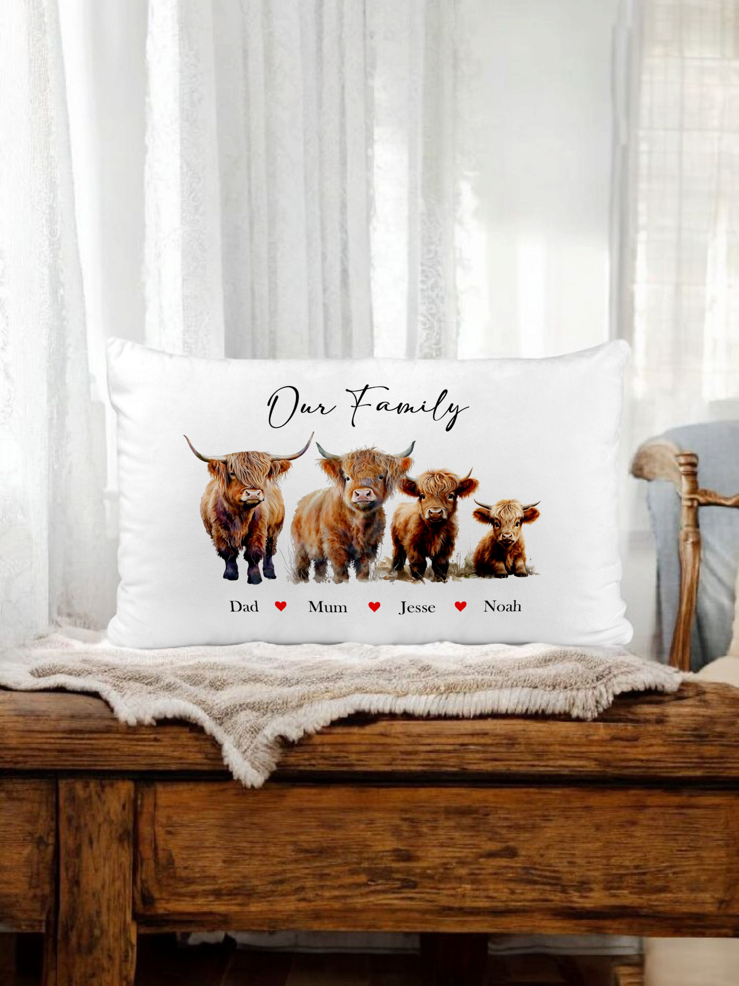 Personalised Lumbad Cushion Family Highland Cow Cushion with Inner Filling Add Names