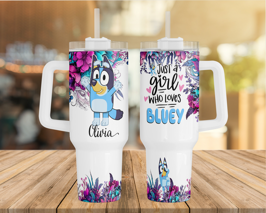Personalised Stanley style Tumbler 40oz with Handle Hot Cold Drink Bluey Design