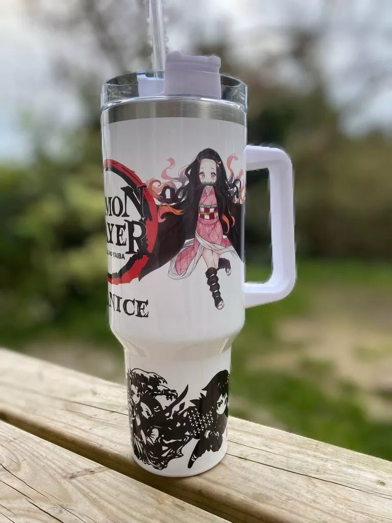Personalised Stanley style Tumbler 40oz with Handle Hot Cold Drink Demon Slayer Design