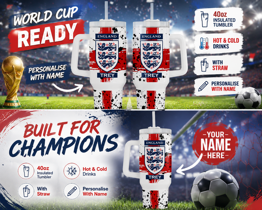 Personalised Three Lions England 40oz Tumbler with Handle and Straw Lions World Cup Euro Add name