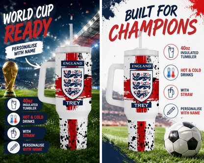 Personalised Three Lions England 40oz Tumbler with Handle and Straw Lions World Cup Euro Add name