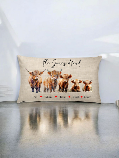Personalised Lumbad Cushion Family Highland Cow Cushion with Inner Filling Add Names
