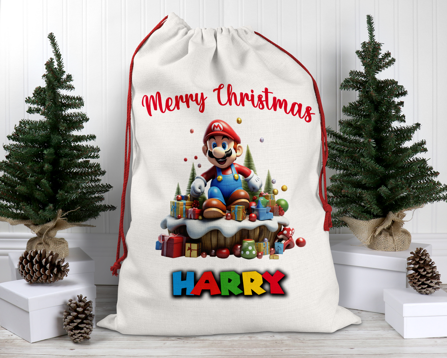 Personalised Linen Drawstring Sack Perfect Present Sack Gift Keepsake Mario theme