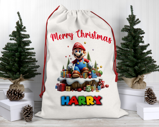 Personalised Linen Drawstring Sack Perfect Present Sack Gift Keepsake Mario theme