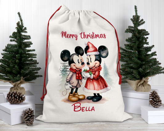 Personalised Minnie + Mickey Couple Linen Drawstring Sack Perfect Present Sack
