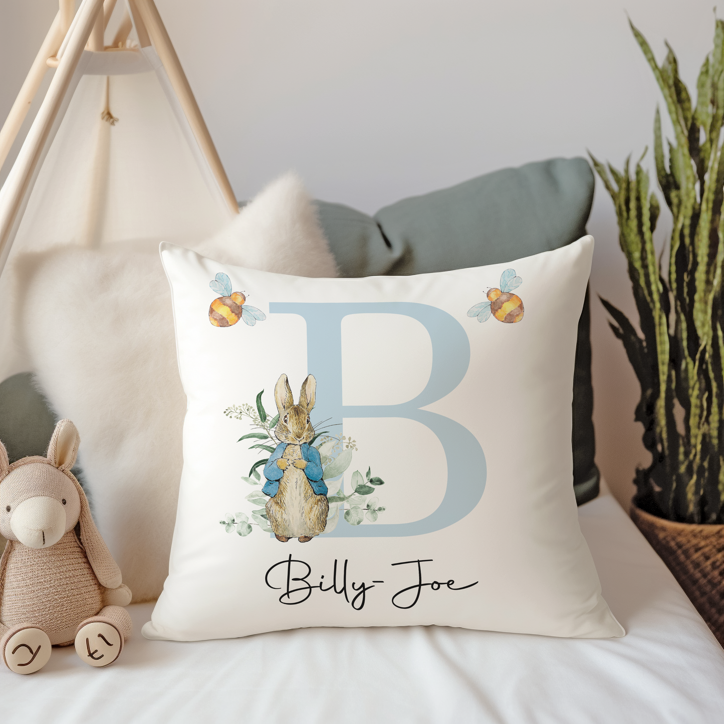 Personalised Peter Rabbit Cushion Name Initial Pink/Blue Choose Colour Great Gift Decor with Filling 40x40 cm