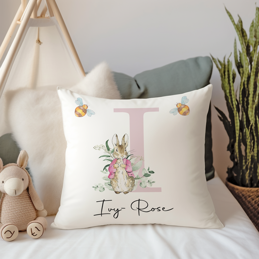 Personalised Peter Rabbit Cushion Name Initial Pink/Blue Choose Colour Great Gift Decor with Filling 40x40 cm